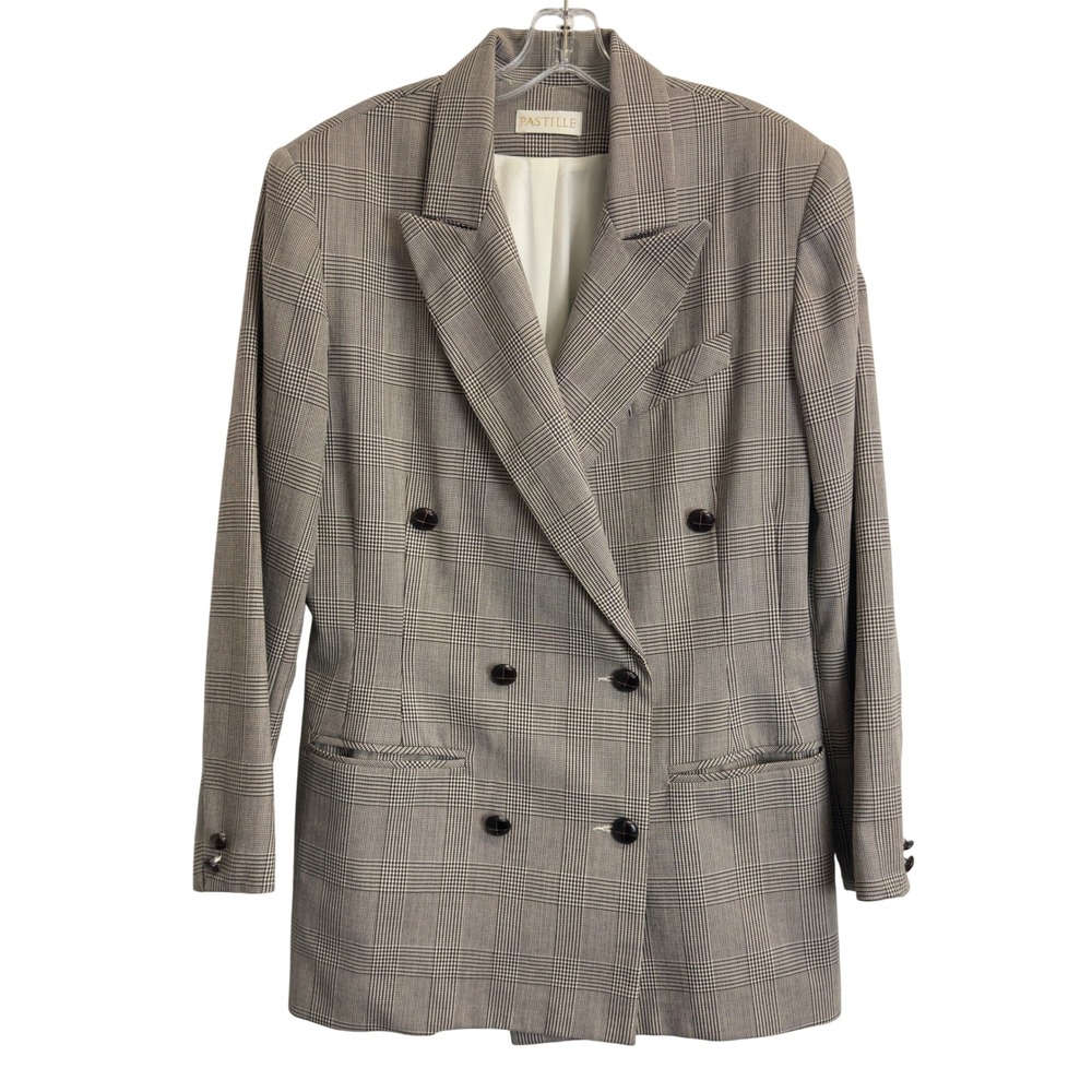 Pastille Vintage Plaid Double Breasted Blazer Brown Tan Wool Blend 12 USA Made